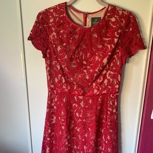 NEW Adrianna Papell Red Lace Overlay Nude Dress